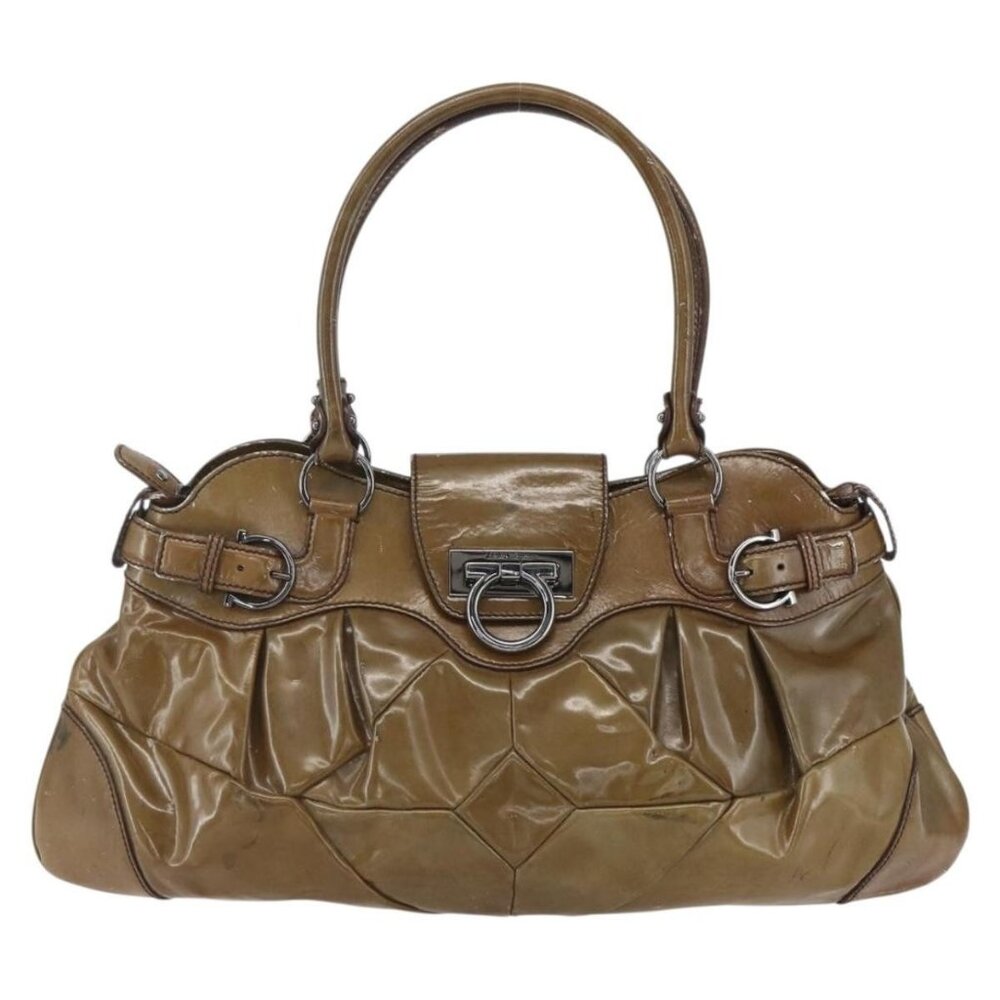 Authentic Salvatore Ferragamo Gancini Shoulder Bag Enamel Brown Silver - Picture 9 of 16